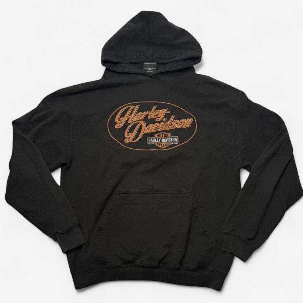 Harley Davidson Saddleback Logan UT Hoodie Y2K Spell Out Pullover Black Medium